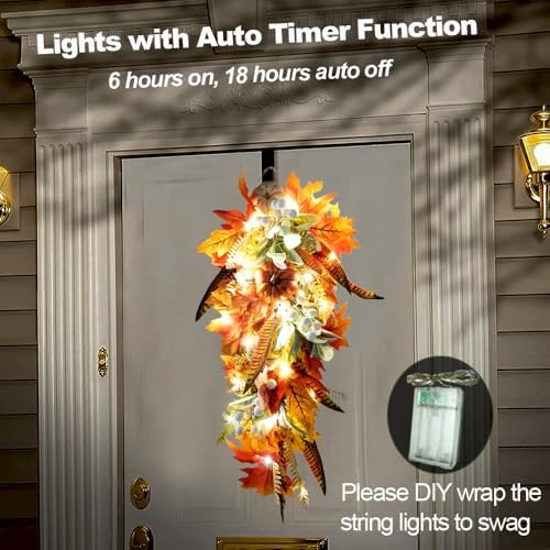 HamiFinee Fall Teardrop Swags Pre-lit Fall Swag Wreaths for Front Door - Image 5