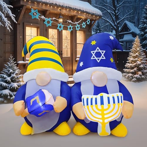 4FT Hanukkah Decorations Outdoor Inflatable Gnome Couple Hold Menorah Dreidel Built-in LED Lights, Chanukah Decorations for Home, Hanukkah Blow Up Yard Decoration for Lawn Garden Holiday Party by Fayavoo
