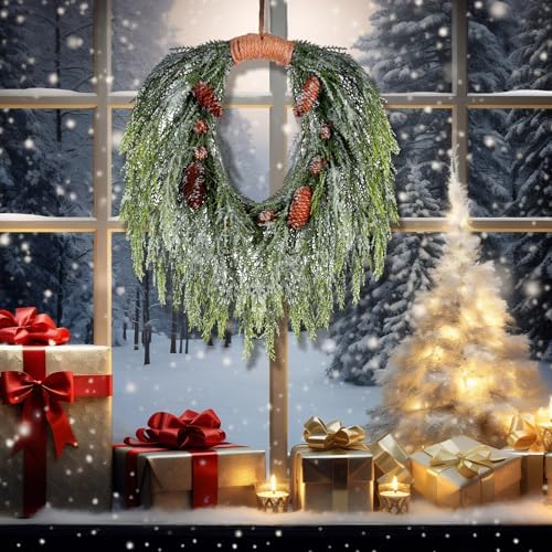 Suncalla Christmas Snowy Norfolk Pine Wreath 16" for Front Door Greenery - Image 5