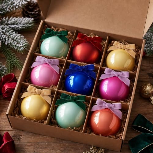 Hollowfly 9 Pcs 3 Inch Colorful Glass Christmas Ornaments with Velvet Bow - Image 4