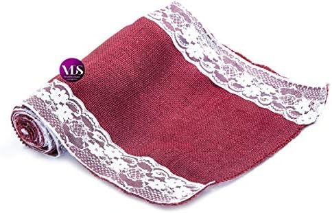 VDS Pack of 20, Burlap Table Runner with White Lace Edge, 100% Natural Jute Rustic Hessian Table Cloth Centerpiece for Wedding Birthday Party Banquet Table Decoration (Size 12X108 Inch)(Maroon) - Image 3