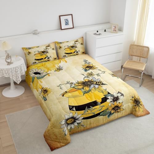 Erosebridal Yellow Bee Bedding Set,Sweet Honey Can Comforter Set for Teens Adult Women,Gerbera Floral Duvet Set 3Pcs with 2 Pillow Cases,Vintage Cartoon Microfiber Down Comforter,Full Size - Image 3