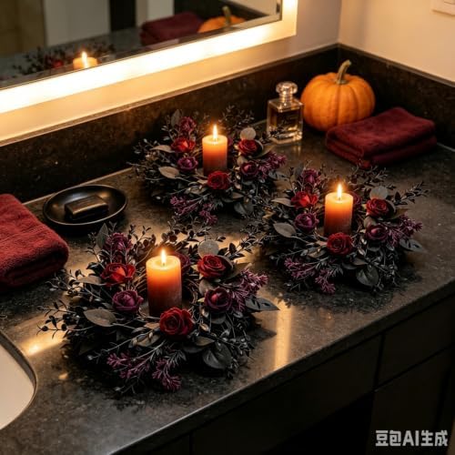 6 Pcs Gothic Black Rose Halloween Mini Candle Ring Wreaths Burgundy Red Dark Purple Rose with Black Foliage Twig Artificial Pillar Candle Holder Wreath for Spooky Dark Romantic Cabinet Table Porch - Image 3