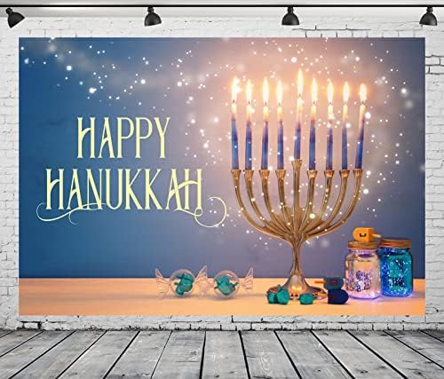 BELECO 9x6ft Fabric Happy Hanukkah Photography Backdrop Menorah Glitter Bokeh Lights Gyro Chanukah Holiday Decorations Banner Background Jewish Holy Festival Israel Party Supplies Studio Photo Props - Image 2