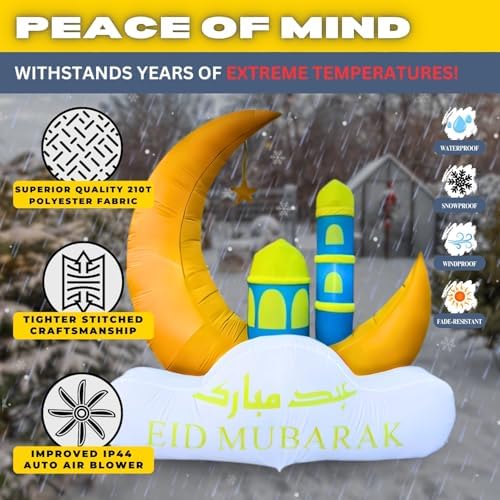 6FT Ramadan Inflatable Yellow Crescent Moon with Double Minaret - Islamic Ramadan Decor for Outdoor Front/Back Lawns, Built-in LED Lights and Fan - Image 2