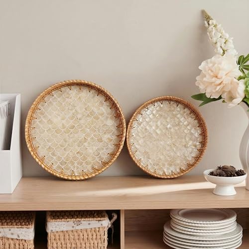 JUNGLE CULTURE Round Rattan Tray Mother of Pearl Inlay • Cascade Light 14" - Image 3