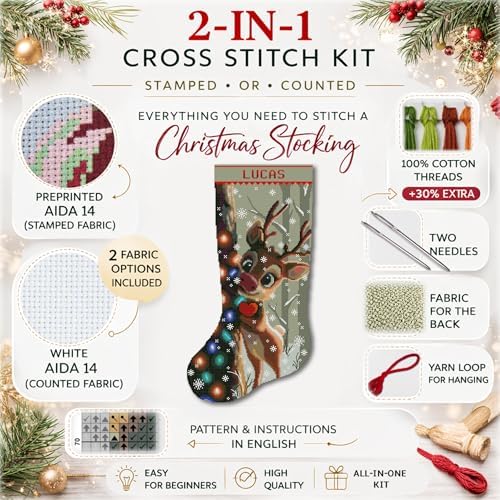 Christmas Stocking Cross Stitch Kit for Adults, 2-in-1 Stamped and Counted AIDA 14, Cute Reindeer Deer with Christmas Lights, Personalized Woodland Animals DIY Embroidery Kit - Image 4