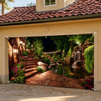 Garden Garage Door Banner 6 x 13 FT, Waterfall Pond Night Garden Garage Door Cover, Scenic Stone Path Landscape Outdoor Garage Door Decorations with Lanterns & Flowers, Nature Backdrop (Courtyard) - Image 2