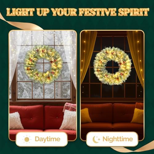 VINGLI 24" Small Christmas Wreath 2 Pack with 100 LED Battery Lights - Image 5