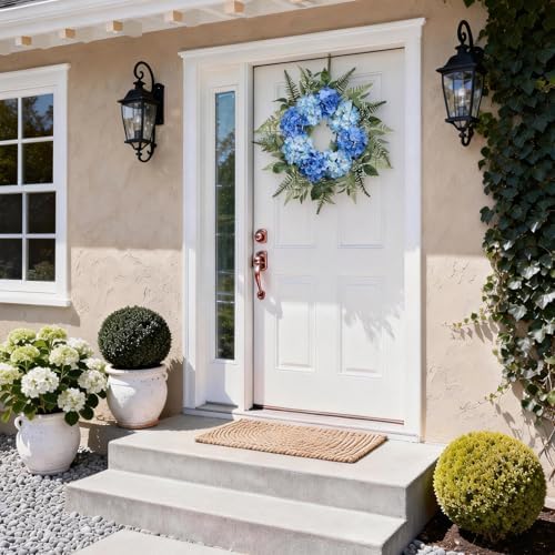 26 Inch Hydrangea Summer Wreaths for Front Door, Blue Hydrangea Wreath Artificial Door Wreaths Spring Summer Decor with Fern Leaves for Indoor Outdoor Home Wall Porch Window or Wedding Decoration - Image 2