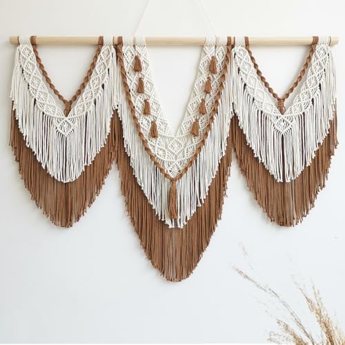 large macrame wall hanging - Boho Tapestry Macrame Wall Decor Art- Chic Bohemian Handmade Woven Tapestry Home Decoration for Bedroom Living Room Apartment Wedding Party - 43"x32" (Beige-Brown) by guzhiou