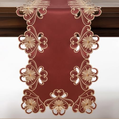 Decozen Gold Lace Red Table Runner - European Embroidery Dresser Decor Scarf for Home, Kitchen, Dining, and Wedding - 14 x 108 Inches - Valentines Day Decor - The Imperial Red Collection by Decozen