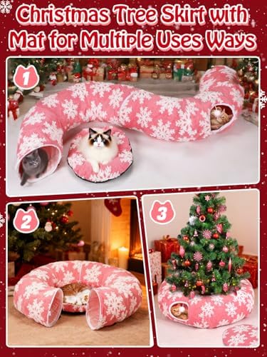 Cat Tunnel Christmas Tree Skirt for 5-7.5ft Trees - Prevent Christmas Tree Falling, Snowflake Patterns Warm Soft Cat Tube Bed with Anti-Slip Mat - Image 5