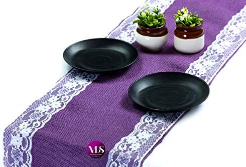 VDS Pack of 12, Burlap Table Runner with White Lace Edge, 100% Natural Jute Rustic Hessian Table Cloth Centerpiece for Wedding Birthday Party Banquet Table Decoration (Size 12X108 Inch)(Lavender) by VDS