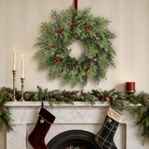 24"Artificial Norfolk Pine Wreath with Berry for Christmas Front Door Decor - Image 3