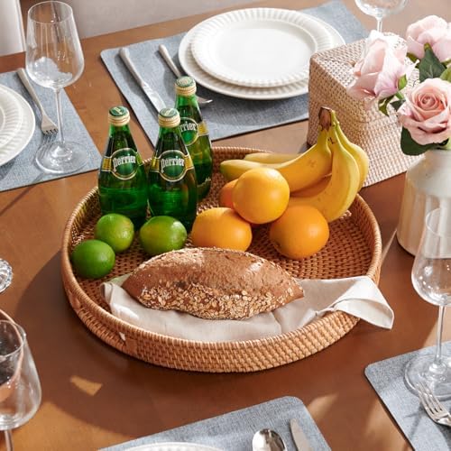 Rattan Large Serving Tray, Wicker Round Fruit/Bread Serving Basket, Extra Large Decorative Ottoman Tray for Living Room, Coffee Table, Breakfast, 16.9 inch - Image 3