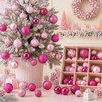 Lunmon 64 Pcs Pink Christmas Ball Ornaments Hot Pink Rose Red Xmas Bulbs Ornament 1.6/1.97/2.4 Inch Plastic Hanging Decoration Assorted Size Christmas Decorations for Tree Home Wreath Party Supplies by Lunmon