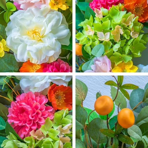 Pinkpuii 24 Inch Spring Wreaths for Front Door- Outdoor Spring Summer Flower Wreath with Vibrant Peony Hydrangea Flower, Green Eucalyptus Leaves and Orange Berry- Ideal for Porch,Mantel,Home Wall - Image 3