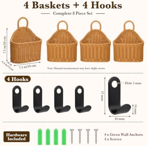 4 Pcs Hanging Wicker Baskets for Wall, with Hooks - Image 3
