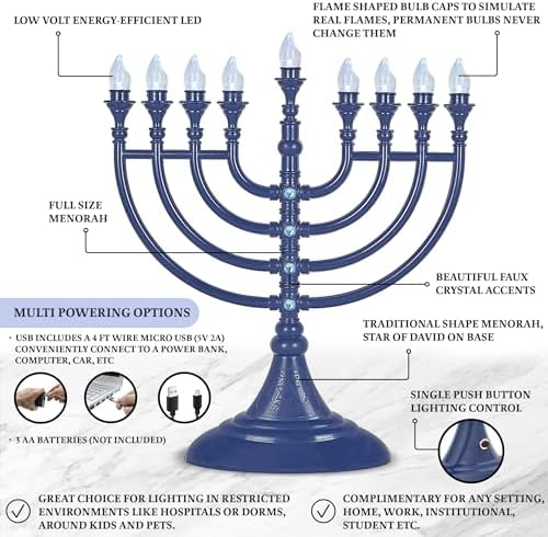 Multi-Pack Blue Traditional LED Hanukkah Menorahs Powered by Battery or USB Chanukiah Electric Menorah 4' Micro USB Cable Included Electronic Chanukah Candles Hanukah Decor Lights Minorah - Image 3