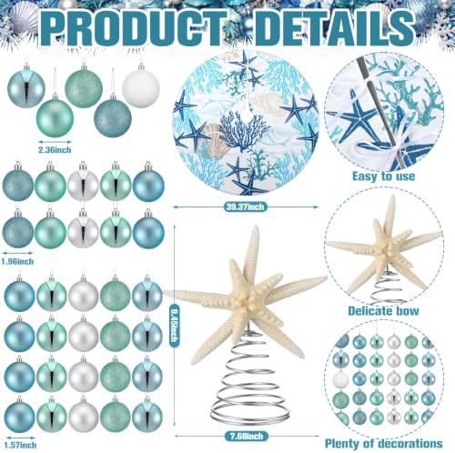 Gejoy 32 Pcs Christmas Tree Decoration Set Include Coastal Christmas Tree Bow Topper Starfish Bow Wreath Xmas Trees Skirt 30 Pcs 3 Sizes Blue and Silver Hanging Xmas Ball Ornaments for Home Decor - Image 3