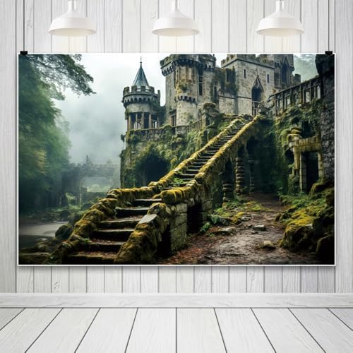 Leowefowa Mysterious Castle in The Forest Backdrop 8x6ft Ancient Magic Castle Fairy Tale Forest Photo Background Enchanted Forest Vintage Medieval Castle Photography Background Banner Vinyl - Image 3