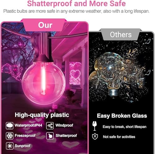 LAMPHOME 2 Pack 26FT G40 Pink Valentine's Day LED String Lights, 13 Shatterproof Globe Bulbs, Outdoor Hanging Patio Lights for Home Balcony Backyard Wedding Party Decor - Image 4