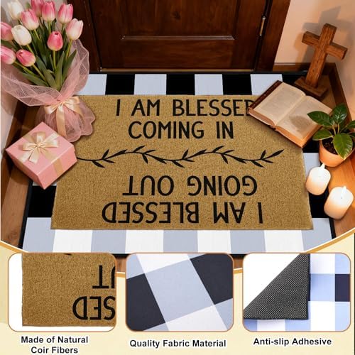Blessed Coming & Going Layered Doormat Set, 2 Pack Indoor Entry Rugs Featuring Coir Loop Welcome Mat 40x60cm with Buffalo Plaid Crystal Velvet Base 60x80cm for Farmhouse Front Door Decor - Image 4