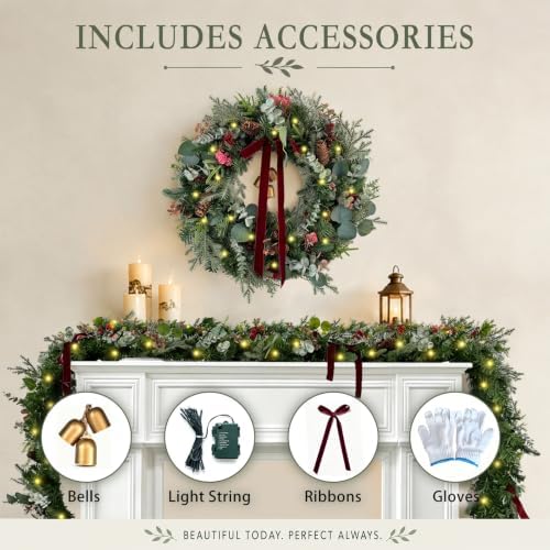 WANNA-CUL 24In Christmas Wreath for Front Door with 3M 30 LED Timer Lights - Image 2