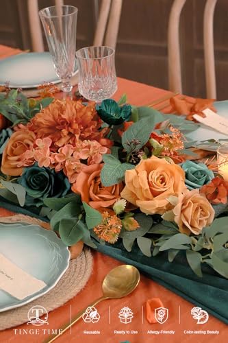 TINGE TIME Burnt Orange & Dark Teal Flower Garlands, 2 PCS Artificial Eucalyptus Garlands, Handcraft Artificial Rose Arch Flower for Wedding Arch Sweetheart Table Ceremony Backdrop Decoration for Home - Image 6