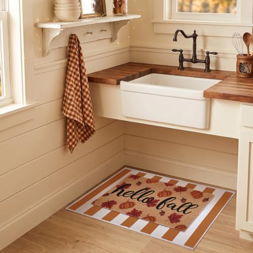 2pcs Hello Fall Doormats with Pumpkins Leaves Pattern Layered Autumn Front Porch Welcome Mat and Striped Crystal Velvet Layering Rug Non Slip Outdoor Entryway Flooring Decor for Thanksgiving - Image 5