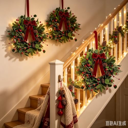 6 Pcs Small 4th of July Hanging Wreaths for Cabinets Patriotic Mini Candle Ring Wreath with Red White Blue Flowers (6, Greenery with Red Bells Pinecones) - Image 4