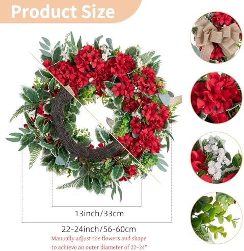 NUPTIO Geranium Wreath for Front Door: Christmas Red Wreaths, 24 Inch - Image 3