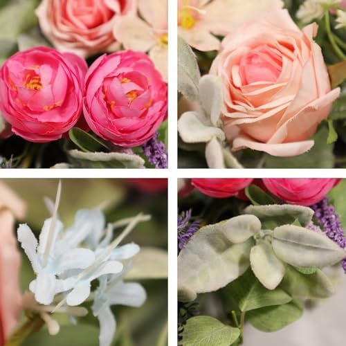 24 Inch Spring Wreath for Front Door, Magenta Pink Rose Floral Wreath with Lavender, Eucalyptus, Lamb's Ear and Blue Wildflowers, Silk Summer Wreath for Home Porch Wall Window Seasonal Decor - Image 2