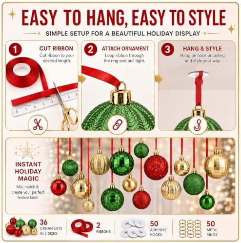 36 Pcs Christmas Balls Ornaments for Ceiling, Red, Green, Gold - Image 3