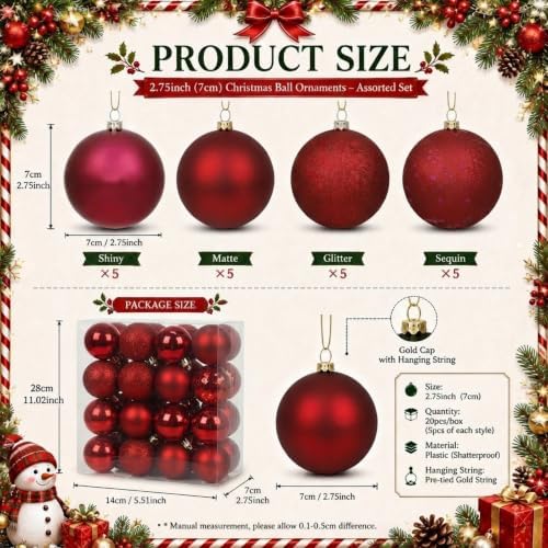 Soulchen 20 Pcs Red Christmas Ball Ornaments 2.75" Burgundy Tree Decoration - Image 2