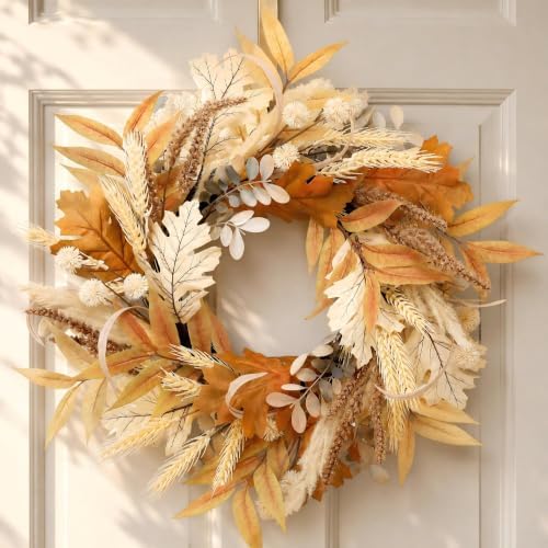 Fall Wreath for Front Door, 22 Inch Boho Autumn Harvest Wreath by Chonsun