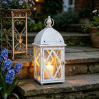 Vintage White Metal Candle Lantern with Glass 17in Distressed Blue Rustic Large Farmhouse Hanging Candle Holder Lanterns for Indoor & Outdoor Front Porch Table Centerpiece Decor - Image 6