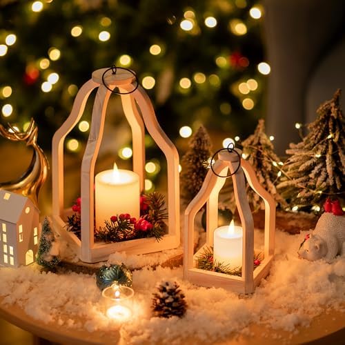 Romadedi Wooden Lantern Set of 2, 8.7" & 11.5" Tall, Whitewashed - Image 4
