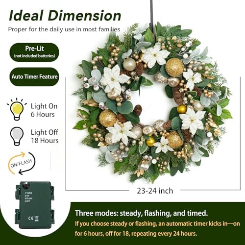 Christmas Wreaths for Front Door with Lights 24 Inch Prelit Christmas Wreath, Christmas Door Wreath with White Flowers, Gold Ornaments, Pine Cones, Greenery & Berries Indoor Outdoor - Image 4