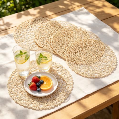 IcosaMro Round Woven Placemats Set of 12 for Dining Table, 15 Inches Paper Boho Decorative Circle Place Mats for Wedding Christmas Thanksgiving Day Holiday Dinner (Beige) - Image 2