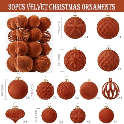 30pcs Velvet Christmas Ball Ornaments, Flocked Shatterproof Christmas Ornaments Hanging Xmas Tree Decorations Set for Home Party Holiday Decor (Multi-Size, Orange) - Image 2