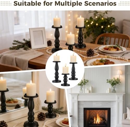 3 Pcs Black Metal Pillar Candle Holders Set, Rustic Farmhouse Iron Candlestick Holders, Decorative Candlestick for Table Centerpiece, Wedding, Home - Image 6