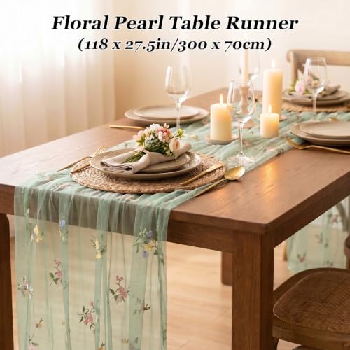 3 Pcs Wildflower Table Runner 118 x 27.5 Inches Spring Summer Floral Tulle Runner for Wedding Party Dining Decor, Light Pink White Sage Green Polyester Lace Runner - Image 2