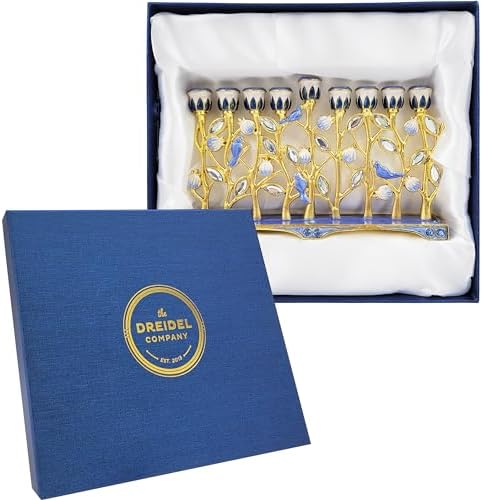 The Dreidel Company Hanukkah Menorah Enamel Pomegranate & Blue Bird Design, Hand-Painted Enameled Metal This Ornate 9 Branch Menorah Measures 12" High X 10" Wide - Image 6