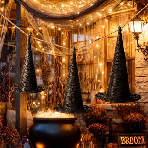 Beeveer 3 Pcs Halloween Rattan Witch Hat Decor, 14/12.2/10.2 Inch - Image 4
