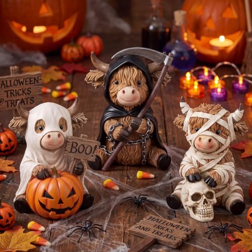 3 Pcs Halloween Highland Cow Figurines, Mummy Reaper Ghos Decor - Image 2