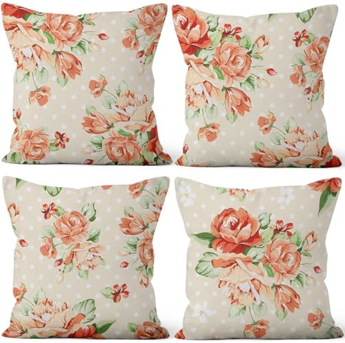 Orange Flower Throw Pillow Covers 26"x26" Set of 4, Retro Floral Decorative Pillowcases for Sofa Chair Couch Bed Living Room Office Car Garden Patio Farmhouse Indoor Outdoor by VieSavaran