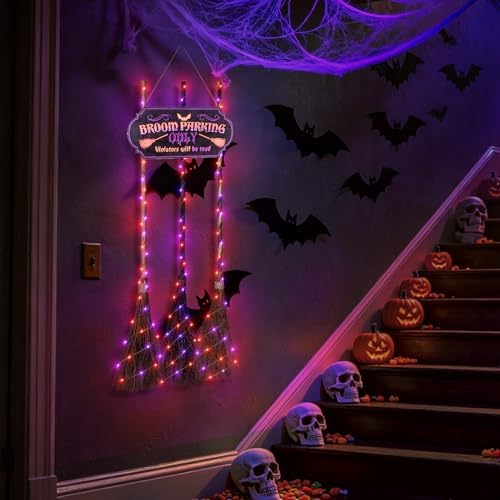 Halloween Broom Parking Sign with 3 Brooms, Orange Purple Lights - Image 3