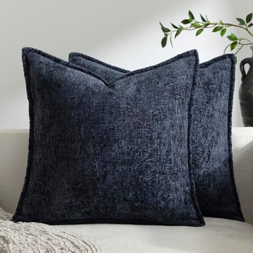 DEZENE Pack of 2 Navy Decorative Throw Pillow Covers 24x24 Cozy Soft Chenille Accent Vintage Square Couch Pillow Covers for Home Decor Bed Sofa Living Room by DEZENE
